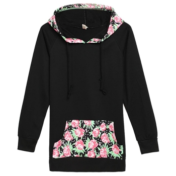 

Black Women Fashion Casual Hooded Raglan Long Sleeve Floral Patchwork Pullover Hoodies & Sweatshirts, Multicolor