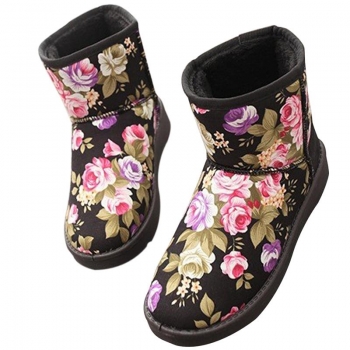 

Black Casual Winter Floral Round Toe Flat Plush Thicken Short Snow Boots, Multicolor