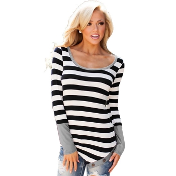

Gray Women Casual O-Neck Long Sleeve Stripe Slim Irregular Hem Bottoming Tank Tops T-Shirts, Multicolor