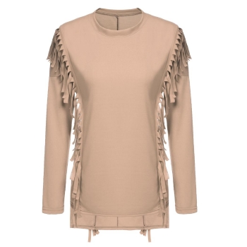 

Khaki Women Fashion Casual Batwing Long Sleeve Fringe Patchwork Irregular Hem Solid Tank Tops Shirts & Blouses, Multicolor
