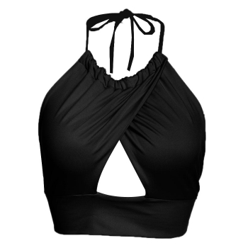 

Black Halter Crossover Backless Solid Slim Crop Tops, Multicolor