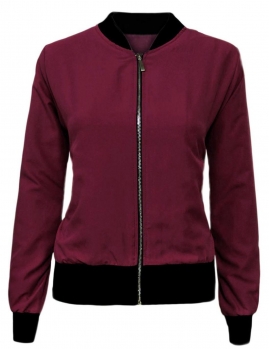 

Wine red Retro Long Sleeve Zip Up Solid Bomber Jacket with Pockets, Multicolor