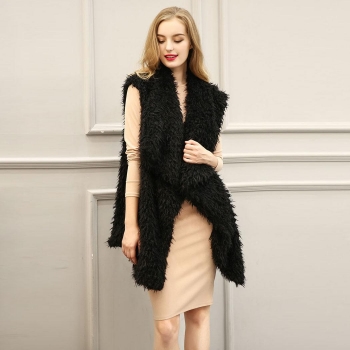 

Black Woman Fashion Warm Faux Fur Lapel Sleeveless Long Gilet Vest Waistcoat Coats & Jackets, Multicolor