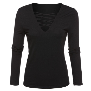 

Black Women Fashion Sexy Hollow V Neck Long Sleeve Solid Slim T-Shits Top Shirts & Blouses, Multicolor