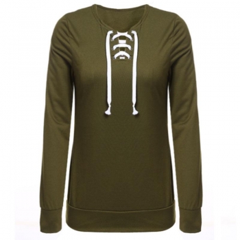 

Army green O-Neck Lace Up Long Sleeve Pullover Solid Sweatshirt, Multicolor