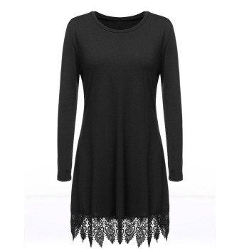 

Black O-Neck Long Sleeve Lace Trim Loose Tunic Casual Dress, Multicolor