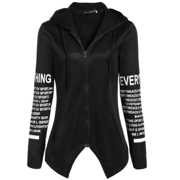 

Black Hooded Letter Print Zip Up Asymmetrical Hem Hoodie, Multicolor