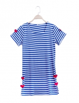 

Blue white Square Neck Striped Red Heart Decor Tee Dress, Multicolor