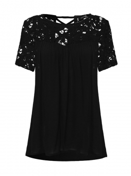 

Black Criss Cross Back Hollow Out Crocheted Lace Patchwork Loose Tops, Multicolor