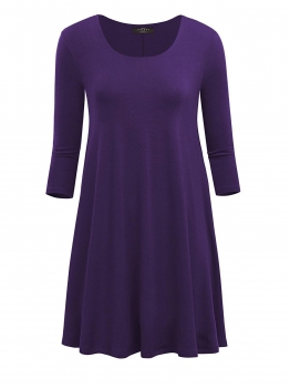 

Purple Round Neck Long Sleeve Solid Loose Fit Tunic Dress, Multicolor