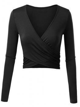 

Black Solid Faux Wrap Deep V-Neck Long Sleeve Crop Tops, Multicolor