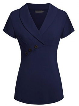 

Blue Vintage Style Collared V Neck Short Sleeve Buttoned Slim Tops, Multicolor