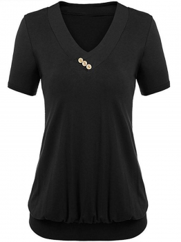 

Black V-Neck Short Sleeve Solid Buttoned Casual Tops, Multicolor