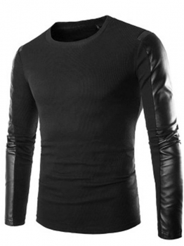 

Black Long Sleeve O Neck Knit Synthetic Leather Patchwork Tops, Multicolor