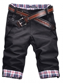 

Black Men Natural Waist Pocket Decor Contrast Color Button Jean Short Pant, Multicolor