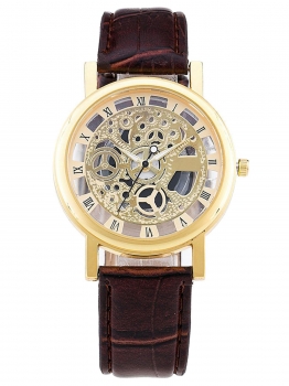 

Gold Men Women Synthetic Leather Gold" Silver Skeleton Analog Dial Quartz Wrist Watch, Multicolor