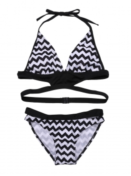 

Black white Striped Bra Bikini Set Swimsuit With Pad, Multicolor
