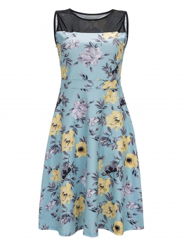 

Light blue Sleeveless Front Mesh Patchwork Floral Dress, Multicolor