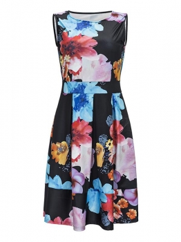 

Mix color O-Neck Sleeveless Pleated Floral Dress, Multicolor