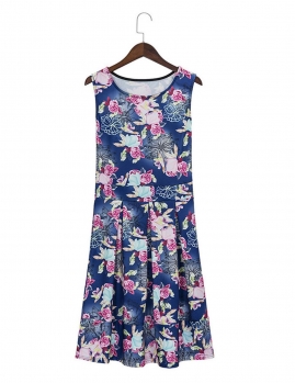 

Blue Scoop Neck Sleeveless Floral Slim Dress, Multicolor