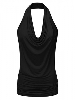 

Black Halter Cowl Collar Backless Draped Front Sleeveless Solid Tops, Multicolor