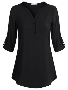 

Black Notch Collar Roll Up Sleeve Pleated Back Chiffon Blouse with Pocket, Multicolor