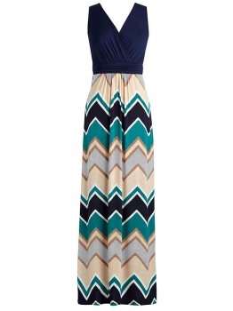 

Green V Neck Patchwork Contrast Color Maxi Dress, Multicolor