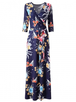 

Blue Surplice Neck 3"4 Sleeve Floral Belted Wrap Maxi Dress, Multicolor