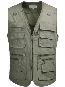 

Army green Men V Neck Sleeveless Loose Zipper Up Denim Fishing Vest Waistcoat with Pocket, Multicolor