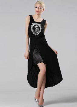 

Black Fashion New Stylish Lady Women's Sleeveless O-Neck Irregular Print Slit Casual Dresses, Multicolor