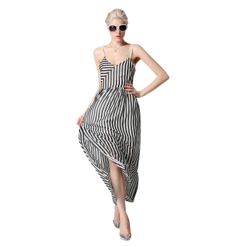 

Meaneor Black&White Fashion Women Sleeveless V-Neck Chiffon Striped Sexy Side Slit Maxi Casual Dresses, Multicolor