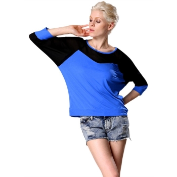 

Blue Finejo Women Casual O-Neck Batwing Sleeve Chiffon Patchwork Backless Loose Tank Tops Shirts & Blouses, Multicolor