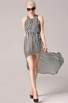 

Angvns Black&White Stylish Lady Women Sexy V-Neck Sleeveless Striped Irregular Hem Chiffon Tunic Long Casual Dresses, Multicolor