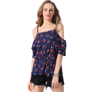 

Blue Off the Shoulder Spaghetti Strap Chiffon Tops, Multicolor