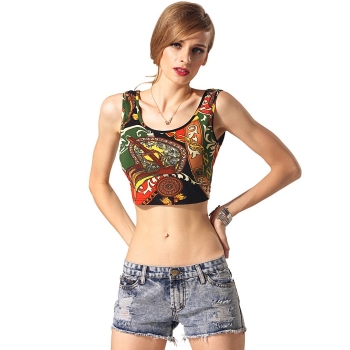 

Finejo Red&Black European Style Ladies Women Casual Party O-neck Sleeveless Mini Blouse Tank Vests Crop Tops, Multicolor