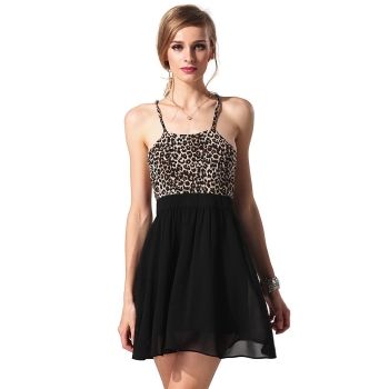 

Finejo Black Women Sexy Spaghetti Strap Leopard Patchwork Backless High Waist Chiffon Mini Pleated Going Out Dresses, Multicolor