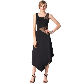 

Finejo Black Women Fashion Slim Sexy Sleeveless Sheer Mesh Patchwork Stretch Irregular Long Going Out Dresses, Multicolor