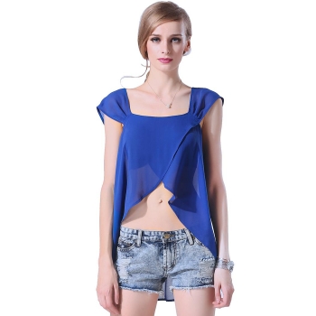 

Blue Finejo Fashion Women Stylish Front Cross Backless Chiffon Tank Crop Tops, Multicolor