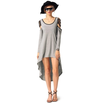 

Gray Irregular O-neck Long Sleeve Asymmetric Large Hem Casual Dress, Multicolor
