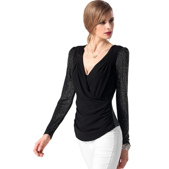 

Finejo Black Stylish Ladies Women Long Sleeve Deep V Neck Chiffon Patchwork Sexy Tank Tops Shirts & Blouses, Multicolor