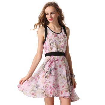 

ANGVNS Pink Fashion Ladies Elegant Women O-Neck Sleeveless Floral Print Slim High Waist A-Line Casual Dresses, Multicolor