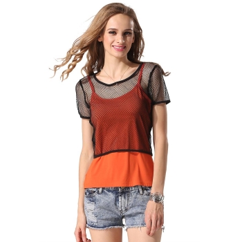 

FINEJO Orange Stylish Ladies Women Casual 2 Piece O-neck Short Sleeve Patchwork Tank Tops T-Shirts, Multicolor