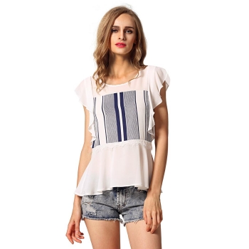 

Finejo White Stylish Ladies Women O-Neck Butterfly Sleeve Striped Lace Casual Loose T-shirt Tank Tops Shirts & Blouses, Multicolor