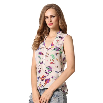

ACEVOG White Stylish Ladies Women Casual Print Irregular V-Neck Sleeveless Chiffon Tops Shirts Blouses Tanks & Camis, Multicolor