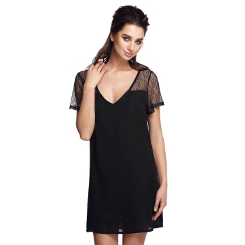 

FINEJO Black Stylish Ladies V Neck Hollow Net Yarn Patchwork Loose Mini Chiffon Going Out Casual Dresses, Multicolor
