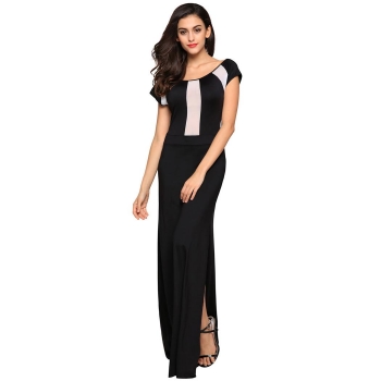 

Angvns Black Women Fashion Sexy High Waist Sheer Mesh Patchwork Side Split Irregular Solid Stretch Maxi Going Out Dresses, Multicolor