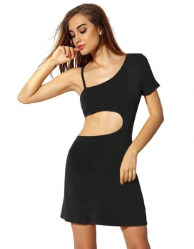 

FINEJO Black Sexy Women One Shoulder Waist Cut Solid Slim Mini Cocktail Going Out Dresses, Multicolor