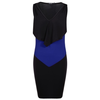 

Finejo Blue Women Sexy V-Neck Sleeveless Contrast Color Patchwork Bodycon Stretch Mini Going Out Dresses, Multicolor
