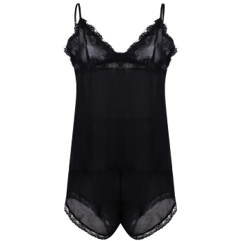 

Finejo Black Sexy Women Chiffon Sleepwear Lace Spaghetti Strap V-Neck Tank Elastic Waist Shorts Shapewear & Pajamas Lingerie Sets, Multicolor