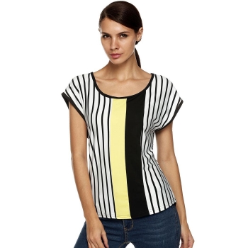 

Black Finejo Stylish Ladies Women Casual Neck Cap Sleeve Loose Stripe Patchwork Thin Tank Tops T-Shirts, Multicolor